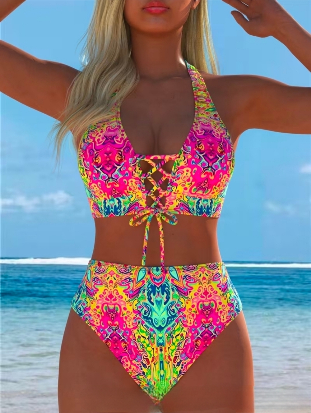 Vibrant Neon Lace-Up High-Waist Bikini - Pink & Multi